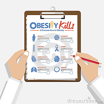 Infographic for 8 Diseases due to obesity in flat design. Doctorâ€™s hand holding clipboard. Medical and healthcare report. Vector Illustration